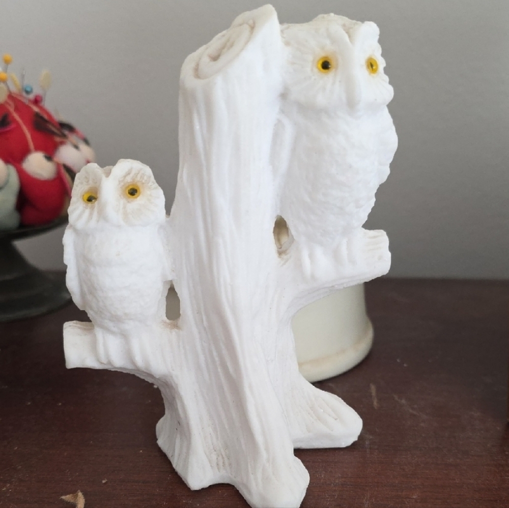 Rare 70s Salt Stone Handmade Italian Marked Vtg White  Double Owl Statue